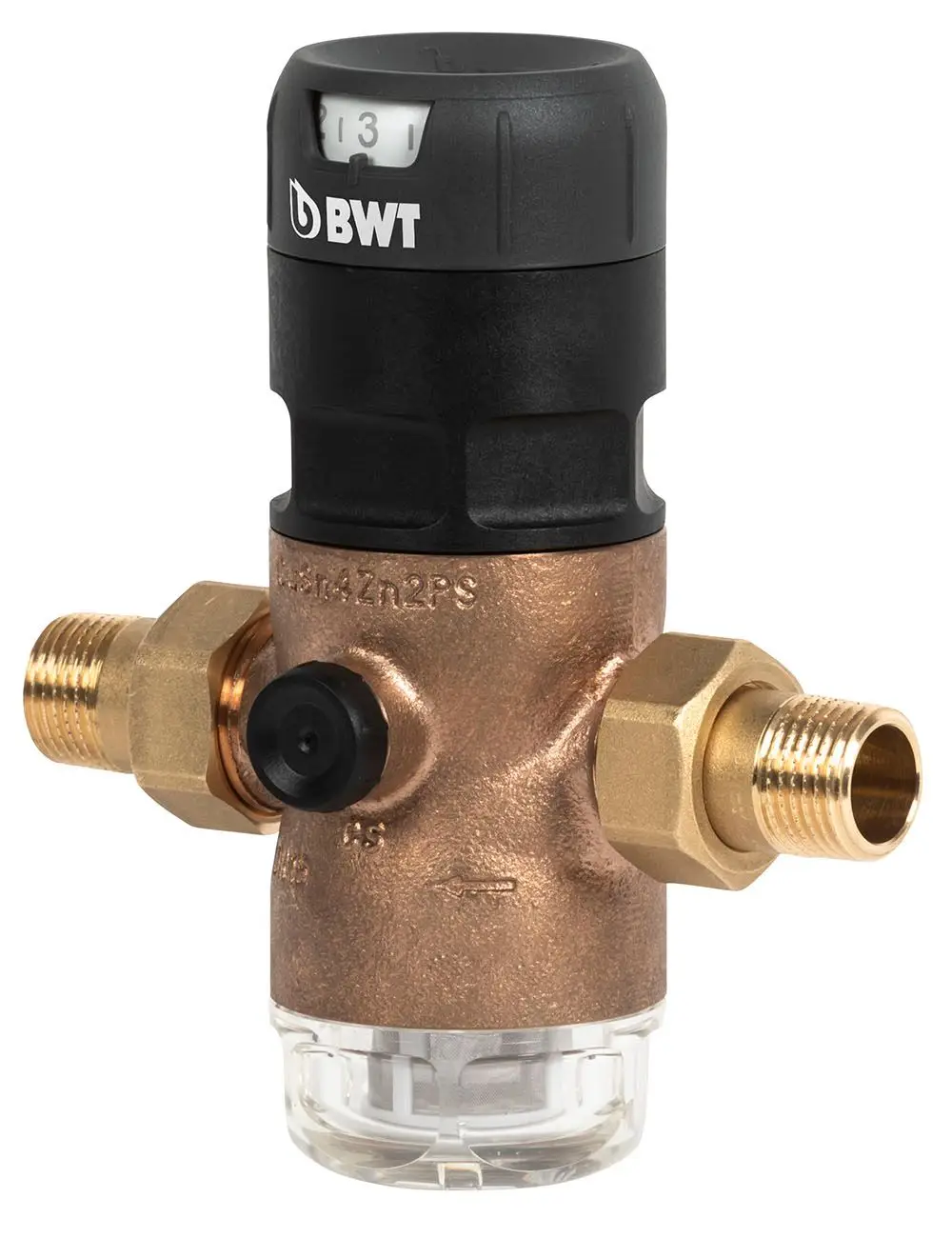 Druckminderer von BWT aus Rotguss mit transparentem Gehäuse, zwei Anschlussgewinden und Einstellmechanismus für den Druck.